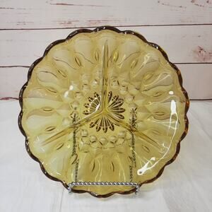 Anchor Hocking Fairfield Divided Relish Dish Scalloped Edge Plate‎ Amber Yellow